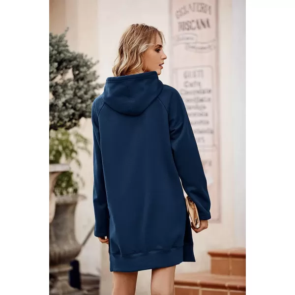 imagePRETTYGARDEN Womens Casual Pullover Sweatshirt Long Sleeve Split Hem Hoodie Dress with Kangaroo PocketBlue
