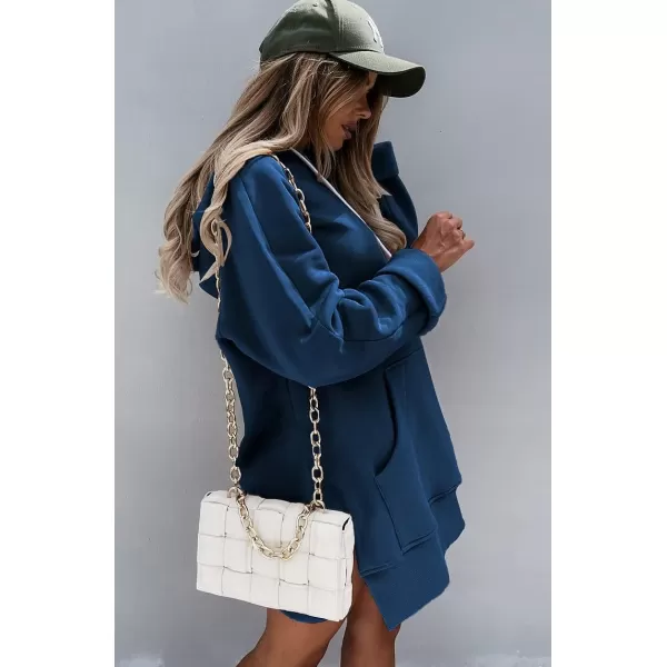 imagePRETTYGARDEN Womens Casual Pullover Sweatshirt Long Sleeve Split Hem Hoodie Dress with Kangaroo PocketBlue