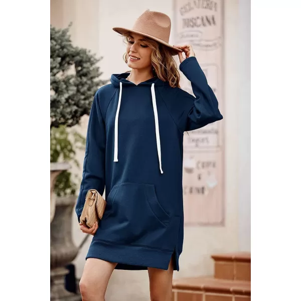 imagePRETTYGARDEN Womens Casual Pullover Sweatshirt Long Sleeve Split Hem Hoodie Dress with Kangaroo PocketBlue