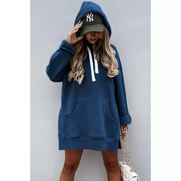 imagePRETTYGARDEN Womens Casual Pullover Sweatshirt Long Sleeve Split Hem Hoodie Dress with Kangaroo PocketBlue