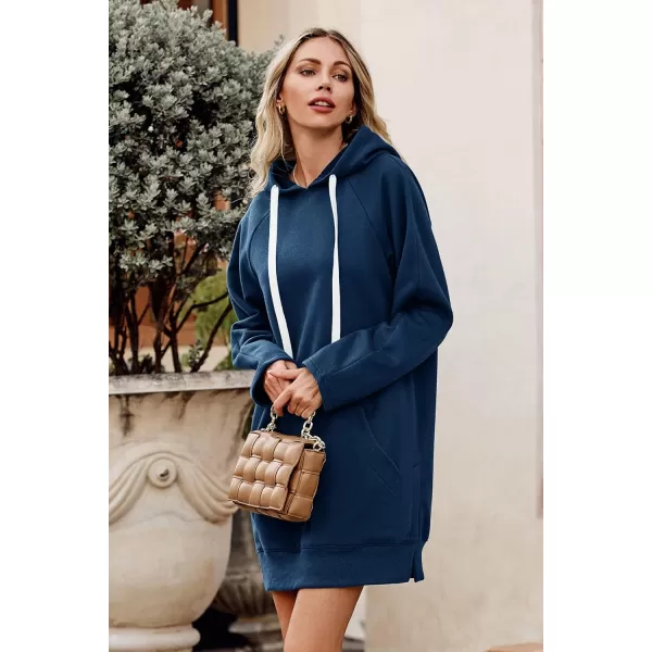 imagePRETTYGARDEN Womens Casual Pullover Sweatshirt Long Sleeve Split Hem Hoodie Dress with Kangaroo PocketBlue