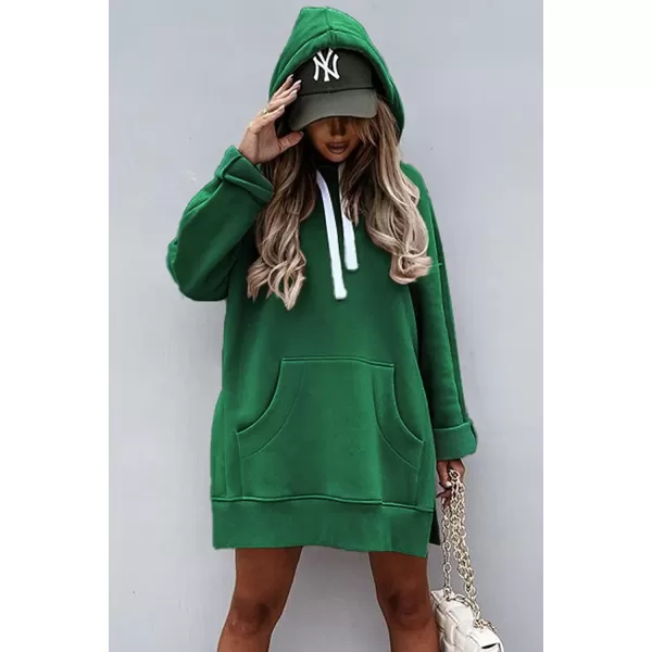imagePRETTYGARDEN Womens Casual Pullover Sweatshirt Long Sleeve Split Hem Hoodie Dress with Kangaroo PocketDark Green