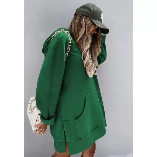 imagePRETTYGARDEN Womens Casual Pullover Sweatshirt Long Sleeve Split Hem Hoodie Dress with Kangaroo PocketDark Green