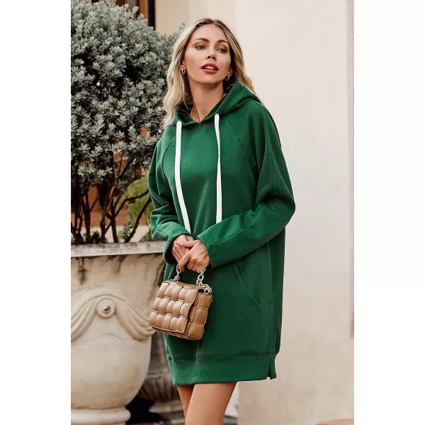 imagePRETTYGARDEN Womens Casual Pullover Sweatshirt Long Sleeve Split Hem Hoodie Dress with Kangaroo PocketDark Green