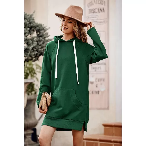 imagePRETTYGARDEN Womens Casual Pullover Sweatshirt Long Sleeve Split Hem Hoodie Dress with Kangaroo PocketDark Green