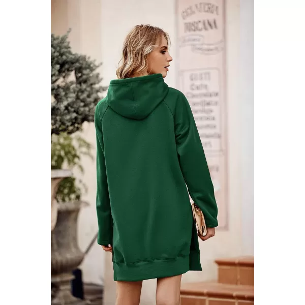 imagePRETTYGARDEN Womens Casual Pullover Sweatshirt Long Sleeve Split Hem Hoodie Dress with Kangaroo PocketDark Green