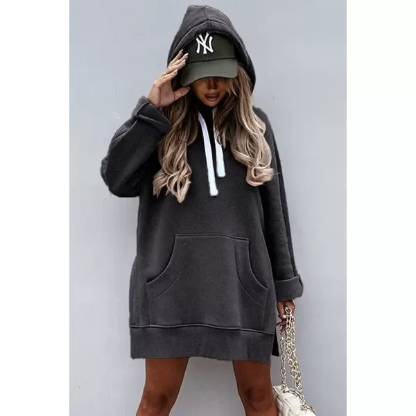 imagePRETTYGARDEN Womens Casual Pullover Sweatshirt Long Sleeve Split Hem Hoodie Dress with Kangaroo PocketDark Grey