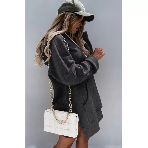 imagePRETTYGARDEN Womens Casual Pullover Sweatshirt Long Sleeve Split Hem Hoodie Dress with Kangaroo PocketDark Grey