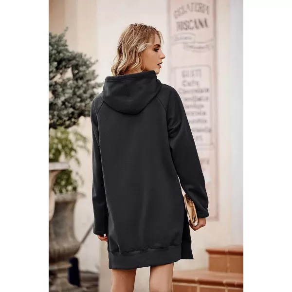 imagePRETTYGARDEN Womens Casual Pullover Sweatshirt Long Sleeve Split Hem Hoodie Dress with Kangaroo PocketDark Grey