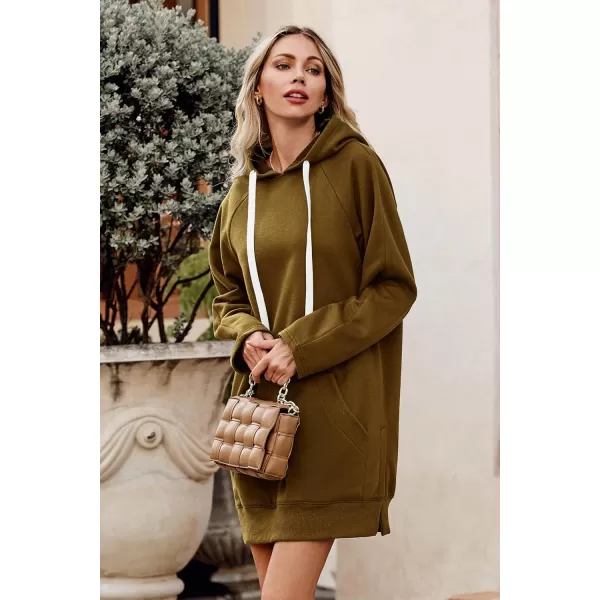imagePRETTYGARDEN Womens Casual Pullover Sweatshirt Long Sleeve Split Hem Hoodie Dress with Kangaroo PocketDark Khaki