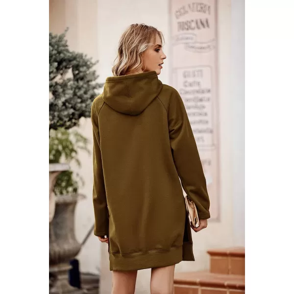 imagePRETTYGARDEN Womens Casual Pullover Sweatshirt Long Sleeve Split Hem Hoodie Dress with Kangaroo PocketDark Khaki