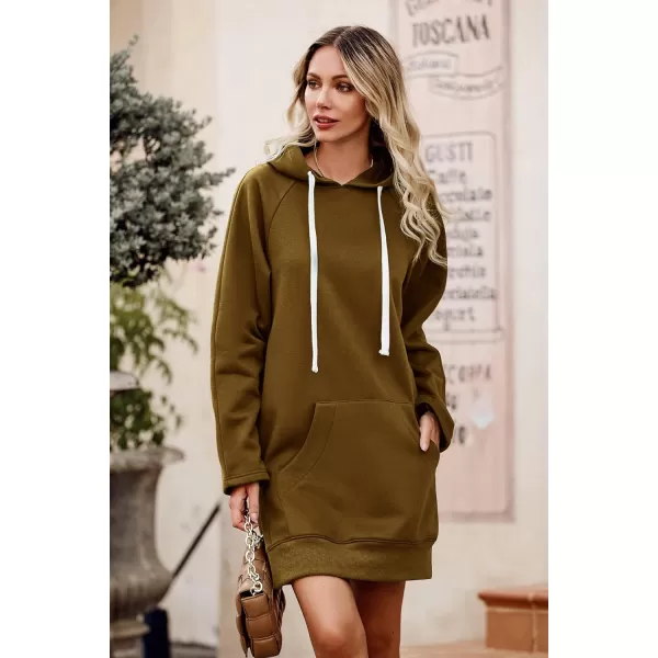 imagePRETTYGARDEN Womens Casual Pullover Sweatshirt Long Sleeve Split Hem Hoodie Dress with Kangaroo PocketDark Khaki