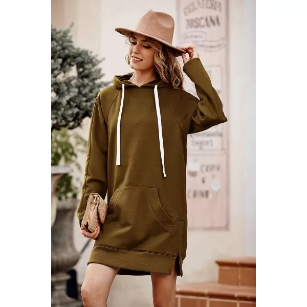 imagePRETTYGARDEN Womens Casual Pullover Sweatshirt Long Sleeve Split Hem Hoodie Dress with Kangaroo PocketDark Khaki