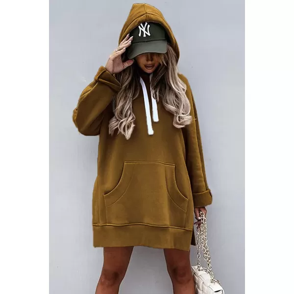 imagePRETTYGARDEN Womens Casual Pullover Sweatshirt Long Sleeve Split Hem Hoodie Dress with Kangaroo PocketDark Khaki