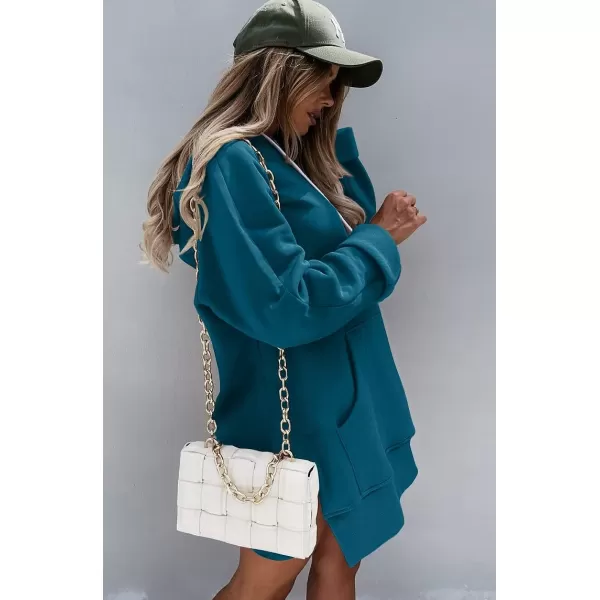 imagePRETTYGARDEN Womens Casual Pullover Sweatshirt Long Sleeve Split Hem Hoodie Dress with Kangaroo PocketLake Blue