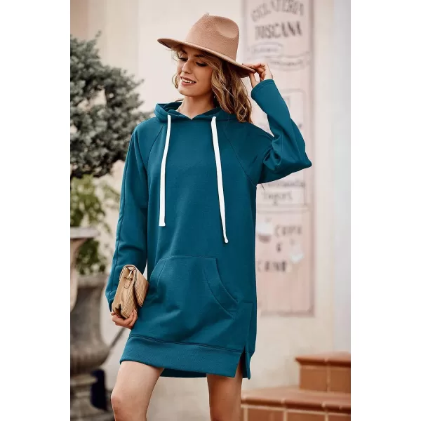 imagePRETTYGARDEN Womens Casual Pullover Sweatshirt Long Sleeve Split Hem Hoodie Dress with Kangaroo PocketLake Blue