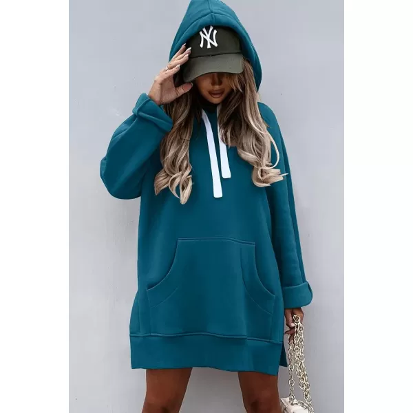 imagePRETTYGARDEN Womens Casual Pullover Sweatshirt Long Sleeve Split Hem Hoodie Dress with Kangaroo PocketLake Blue