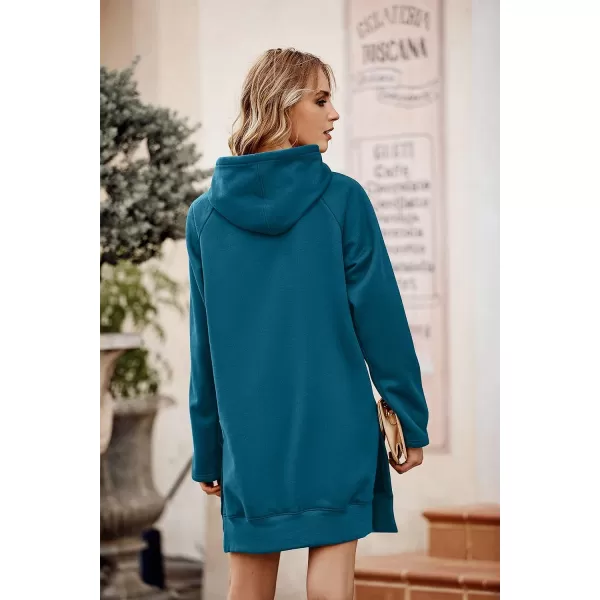 imagePRETTYGARDEN Womens Casual Pullover Sweatshirt Long Sleeve Split Hem Hoodie Dress with Kangaroo PocketLake Blue