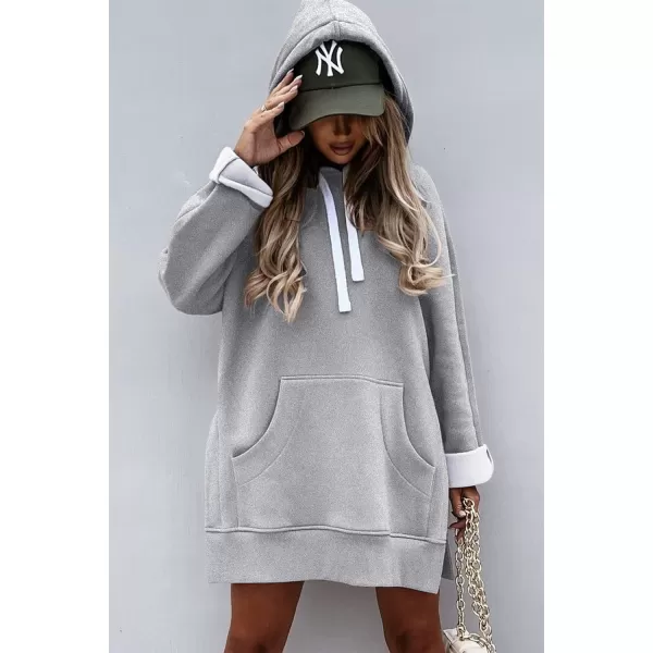 imagePRETTYGARDEN Womens Casual Pullover Sweatshirt Long Sleeve Split Hem Hoodie Dress with Kangaroo PocketLight Grey