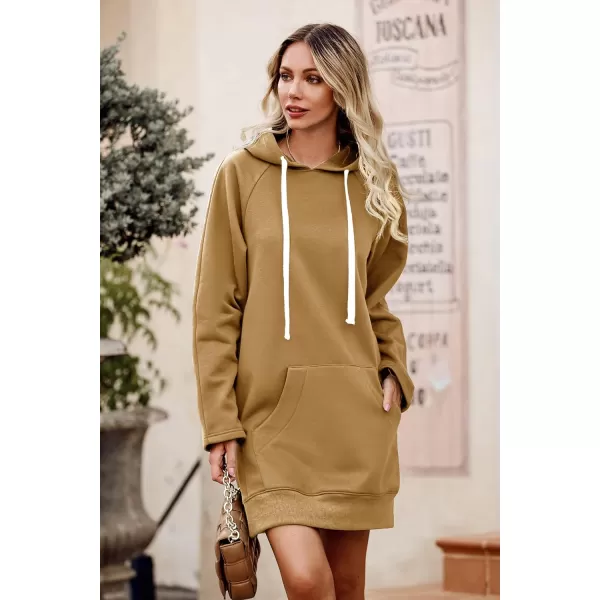 imagePRETTYGARDEN Womens Casual Pullover Sweatshirt Long Sleeve Split Hem Hoodie Dress with Kangaroo PocketLight Khaki
