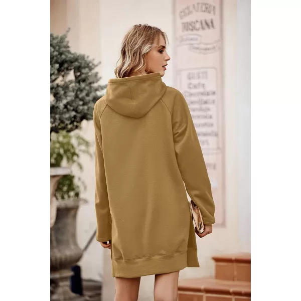 imagePRETTYGARDEN Womens Casual Pullover Sweatshirt Long Sleeve Split Hem Hoodie Dress with Kangaroo PocketLight Khaki