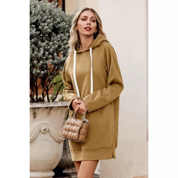 imagePRETTYGARDEN Womens Casual Pullover Sweatshirt Long Sleeve Split Hem Hoodie Dress with Kangaroo PocketLight Khaki