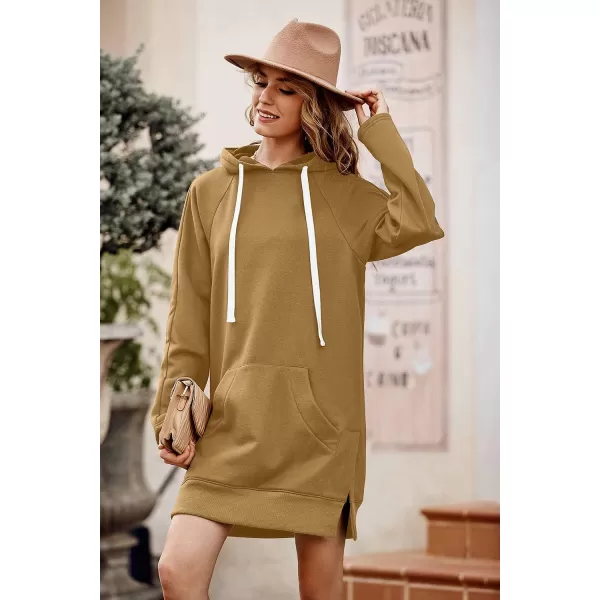 imagePRETTYGARDEN Womens Casual Pullover Sweatshirt Long Sleeve Split Hem Hoodie Dress with Kangaroo PocketLight Khaki