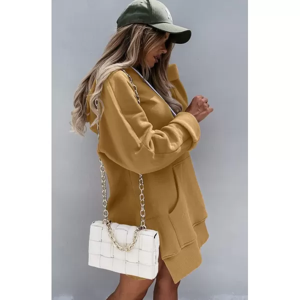imagePRETTYGARDEN Womens Casual Pullover Sweatshirt Long Sleeve Split Hem Hoodie Dress with Kangaroo PocketLight Khaki