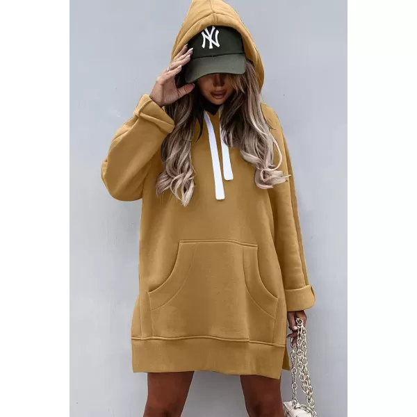imagePRETTYGARDEN Womens Casual Pullover Sweatshirt Long Sleeve Split Hem Hoodie Dress with Kangaroo PocketLight Khaki