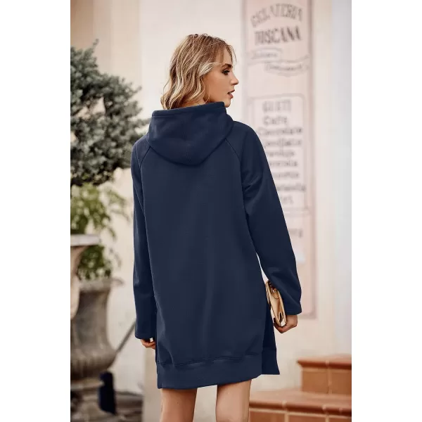 imagePRETTYGARDEN Womens Casual Pullover Sweatshirt Long Sleeve Split Hem Hoodie Dress with Kangaroo PocketNavy
