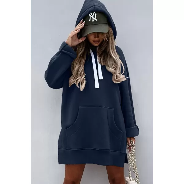 imagePRETTYGARDEN Womens Casual Pullover Sweatshirt Long Sleeve Split Hem Hoodie Dress with Kangaroo PocketNavy
