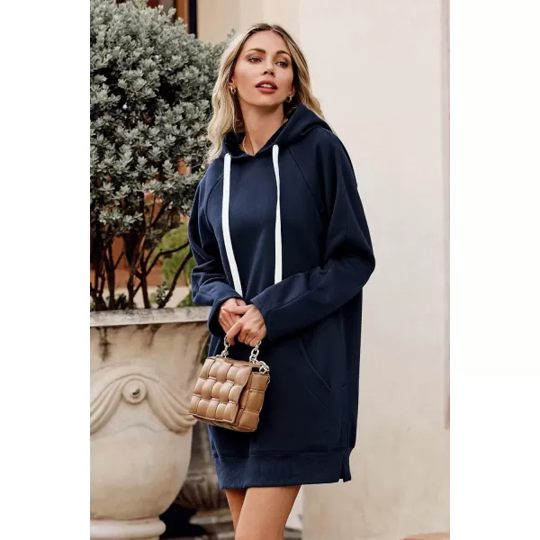 imagePRETTYGARDEN Womens Casual Pullover Sweatshirt Long Sleeve Split Hem Hoodie Dress with Kangaroo PocketNavy