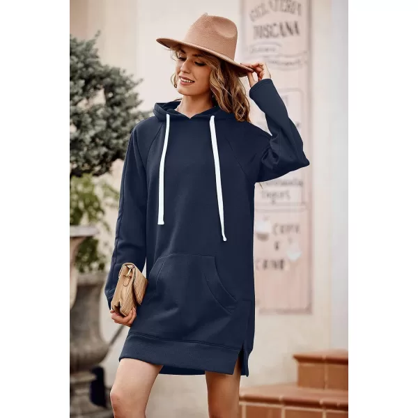 imagePRETTYGARDEN Womens Casual Pullover Sweatshirt Long Sleeve Split Hem Hoodie Dress with Kangaroo PocketNavy