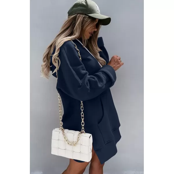 imagePRETTYGARDEN Womens Casual Pullover Sweatshirt Long Sleeve Split Hem Hoodie Dress with Kangaroo PocketNavy