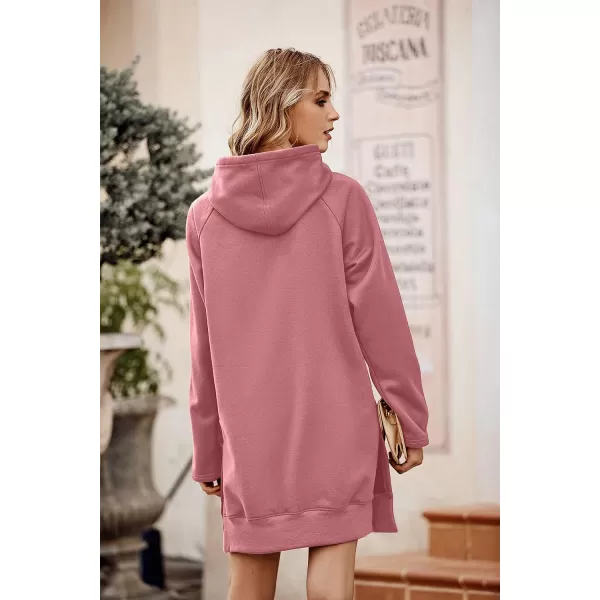imagePRETTYGARDEN Womens Casual Pullover Sweatshirt Long Sleeve Split Hem Hoodie Dress with Kangaroo PocketPink
