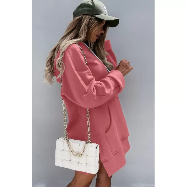 imagePRETTYGARDEN Womens Casual Pullover Sweatshirt Long Sleeve Split Hem Hoodie Dress with Kangaroo PocketPink