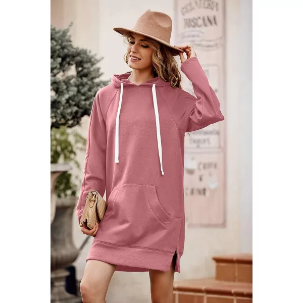 imagePRETTYGARDEN Womens Casual Pullover Sweatshirt Long Sleeve Split Hem Hoodie Dress with Kangaroo PocketPink