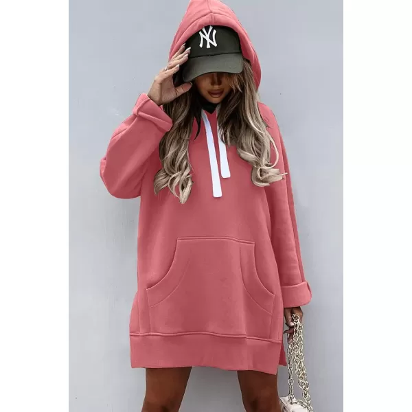 imagePRETTYGARDEN Womens Casual Pullover Sweatshirt Long Sleeve Split Hem Hoodie Dress with Kangaroo PocketPink