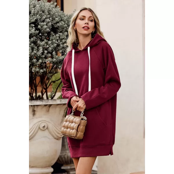 imagePRETTYGARDEN Womens Casual Pullover Sweatshirt Long Sleeve Split Hem Hoodie Dress with Kangaroo PocketWine Red