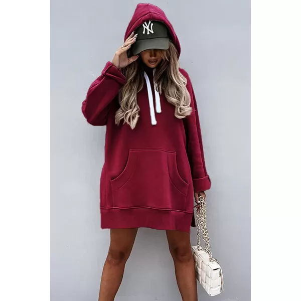 imagePRETTYGARDEN Womens Casual Pullover Sweatshirt Long Sleeve Split Hem Hoodie Dress with Kangaroo PocketWine Red