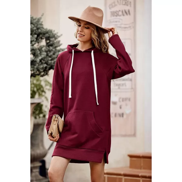imagePRETTYGARDEN Womens Casual Pullover Sweatshirt Long Sleeve Split Hem Hoodie Dress with Kangaroo PocketWine Red