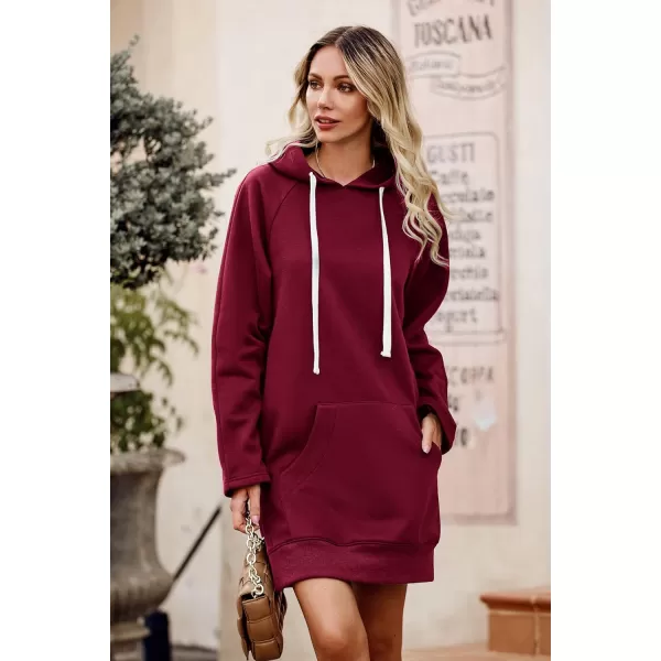 imagePRETTYGARDEN Womens Casual Pullover Sweatshirt Long Sleeve Split Hem Hoodie Dress with Kangaroo PocketWine Red