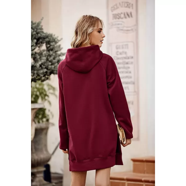 imagePRETTYGARDEN Womens Casual Pullover Sweatshirt Long Sleeve Split Hem Hoodie Dress with Kangaroo PocketWine Red