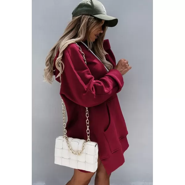 imagePRETTYGARDEN Womens Casual Pullover Sweatshirt Long Sleeve Split Hem Hoodie Dress with Kangaroo PocketWine Red