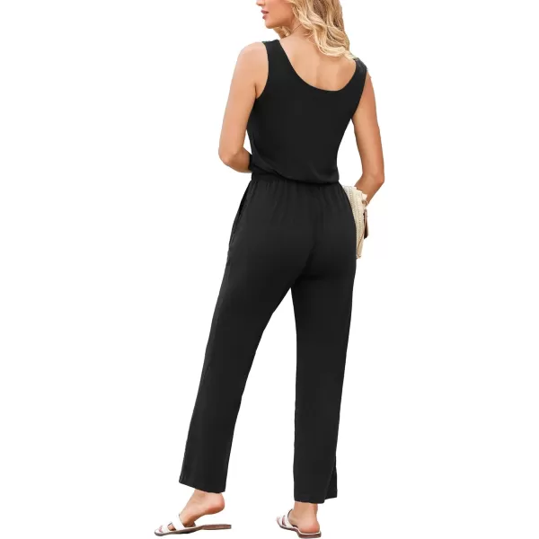 imagePRETTYGARDEN Womens Casual Sleeveless Solid Jumpsuit Crewneck Drawstring Waist Stretchy Long Pants RomperAblack