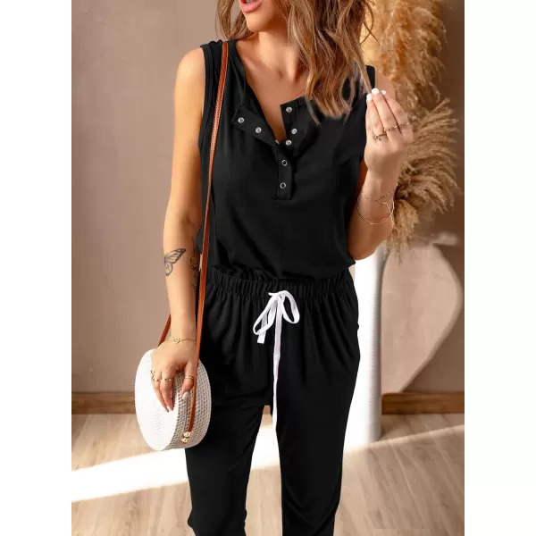 imagePRETTYGARDEN Womens Casual Sleeveless Solid Jumpsuit Crewneck Drawstring Waist Stretchy Long Pants RomperButton Downblack