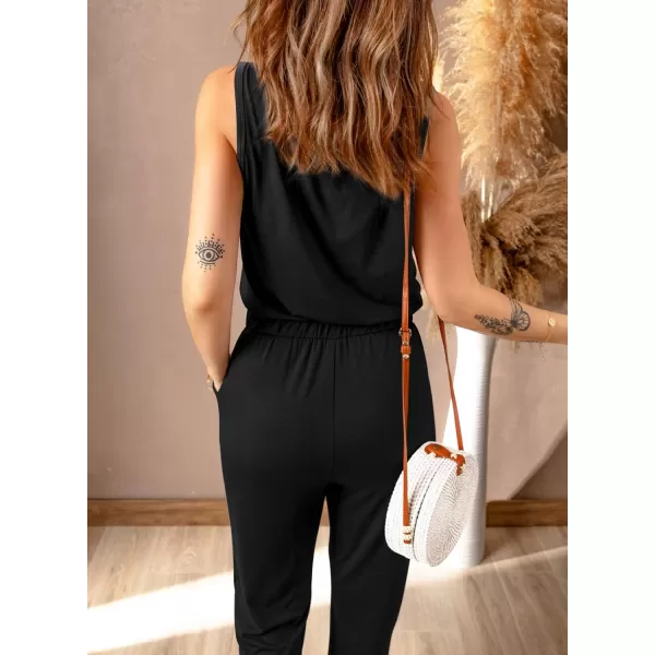 imagePRETTYGARDEN Womens Casual Sleeveless Solid Jumpsuit Crewneck Drawstring Waist Stretchy Long Pants RomperButton Downblack