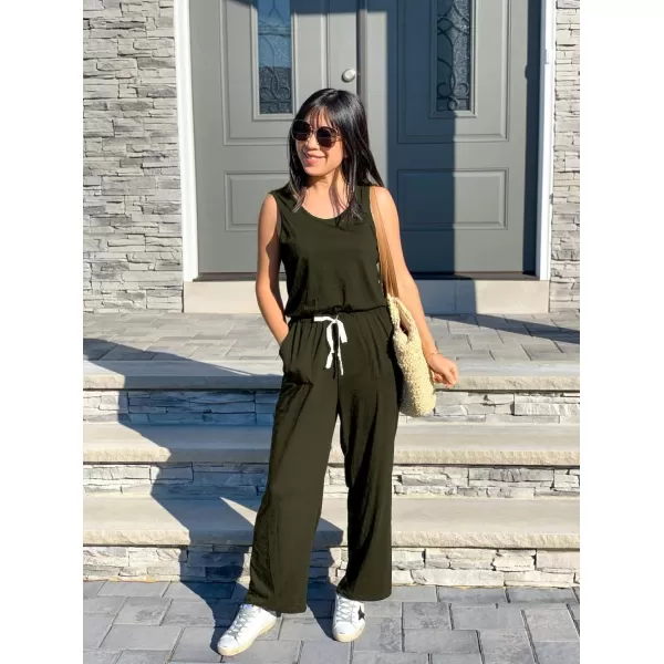 imagePRETTYGARDEN Womens Casual Sleeveless Solid Jumpsuit Crewneck Drawstring Waist Stretchy Long Pants RomperZarmy Green