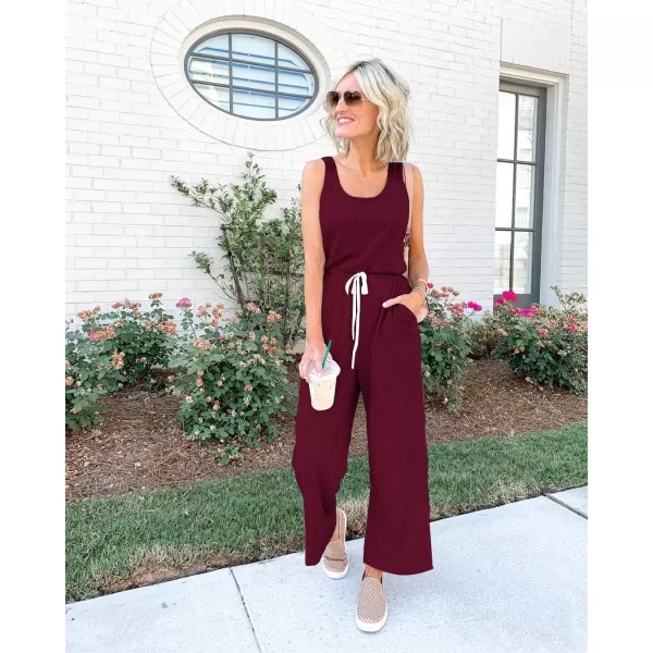 imagePRETTYGARDEN Womens Casual Sleeveless Solid Jumpsuit Crewneck Drawstring Waist Stretchy Long Pants RomperZwine Red
