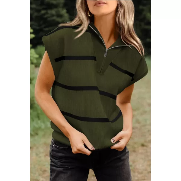 imagePRETTYGARDEN Womens Casual Striped T Shirts Cap Sleeve V Neck 14 Zip Basic Summer Tops BlouseArmy Green